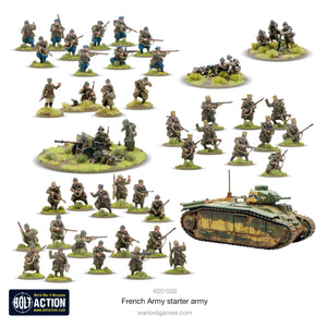 Fully assembled and painted miniatures from the Bolt Action French Army Starter Army, including infantry, vehicles, and artillery.