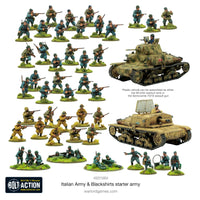 Fully assembled and painted miniatures from the Bolt Action Italian Army & Blackshirts Starter Army, including infantry, vehicles, and artillery.