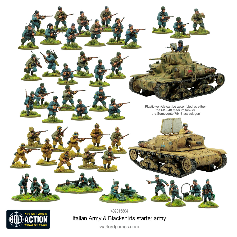 Fully assembled and painted miniatures from the Bolt Action Italian Army & Blackshirts Starter Army, including infantry, vehicles, and artillery.