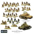 Fully assembled and painted miniatures from the Bolt Action Italian Bersaglieri Starter Army, showcasing elite infantry, vehicles, and artillery.

