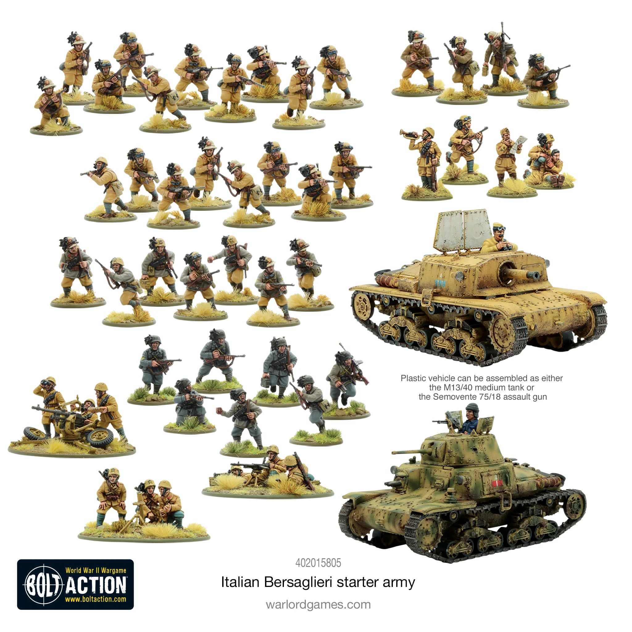 Fully assembled and painted miniatures from the Bolt Action Italian Bersaglieri Starter Army, showcasing elite infantry, vehicles, and artillery.

