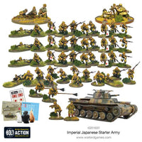 Fully assembled and painted miniatures from the Bolt Action Japanese Starter Army, including infantry, vehicles, and artillery.
