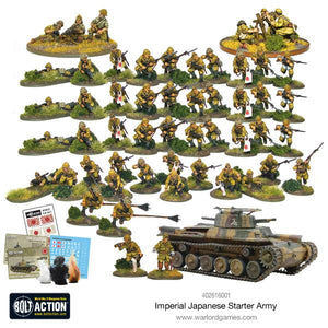 Fully assembled and painted miniatures from the Bolt Action Japanese Starter Army, including infantry, vehicles, and artillery.