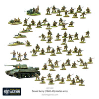 Fully assembled and painted miniatures from the Bolt Action Soviet Early War Starter Army, showcasing infantry, tanks, and artillery.

