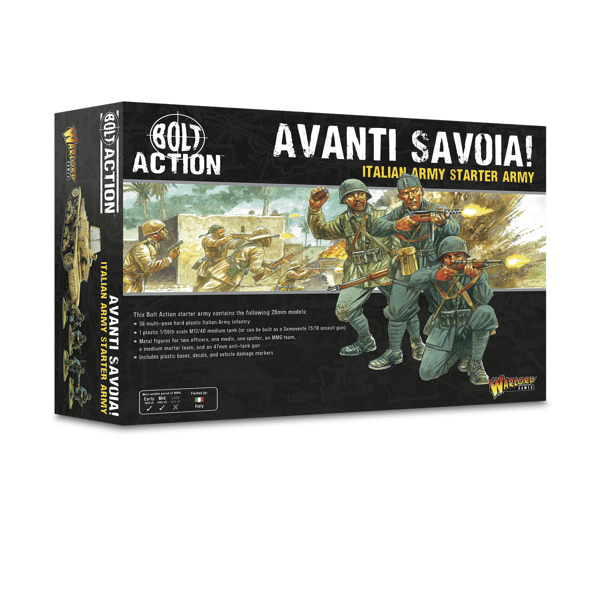 The same starter army in its newer Avanti Savoia! box, contents printed on the front