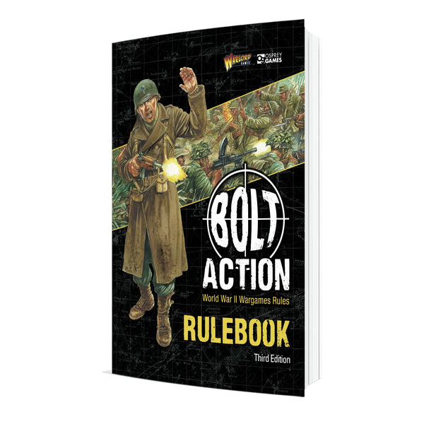 Front view of the Bolt Action 3rd Edition Core Rulebook, featuring comprehensive WWII wargaming rules, faction details, and tabletop combat strategies.