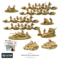 Complete Bolt Action British 8th Army Starter Army set featuring soldiers, weapons, and vehicles for WWII tabletop gaming.
