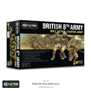  Complete Bolt Action British 8th Army Starter Army set featuring soldiers, weapons, and vehicles for WWII tabletop gaming.