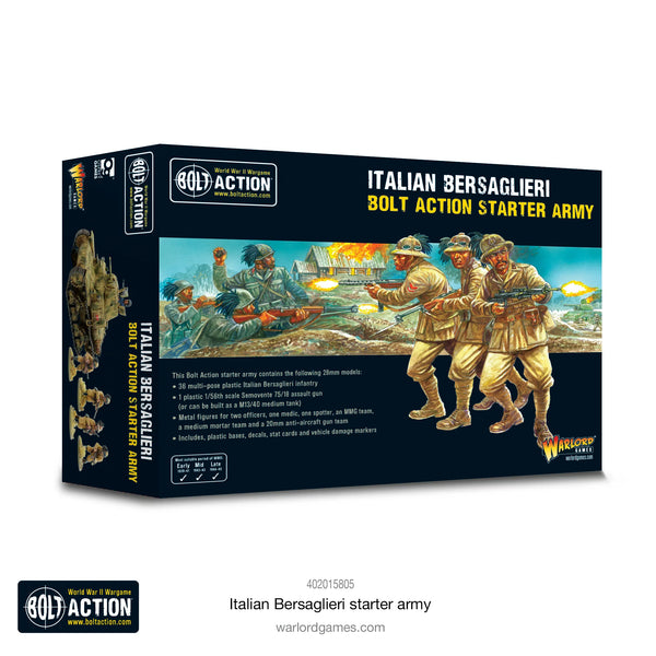 Front view of the Bolt Action Italian Bersaglieri Starter Army box, featuring artwork and product details for elite Italian WWII forces.