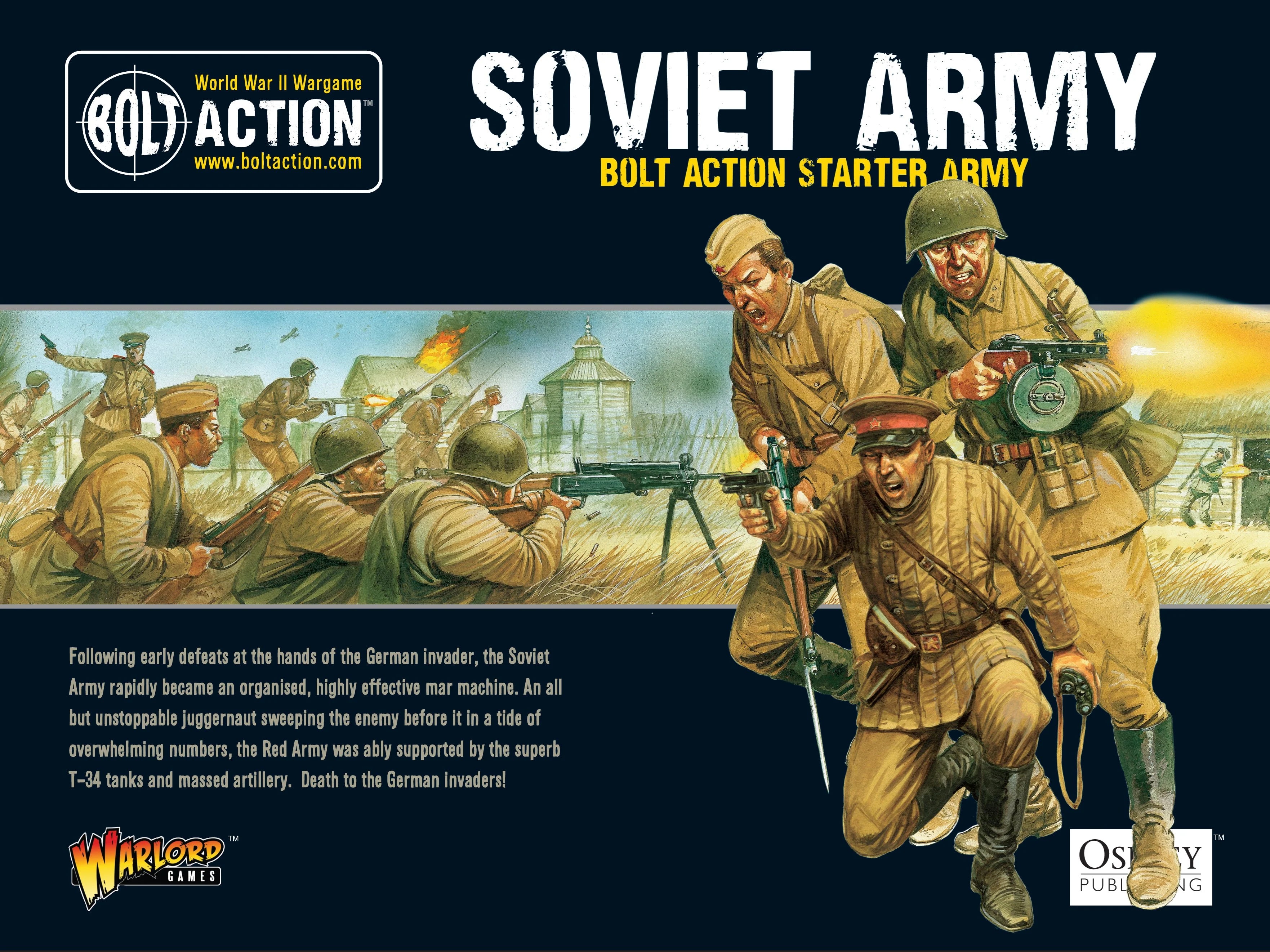 Front view of the Bolt Action Soviet Starter Army box with artwork and product details for WWII tabletop gaming.