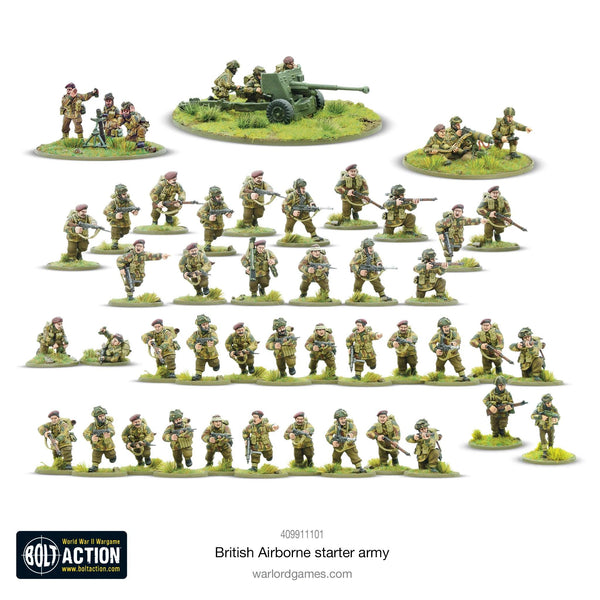 Complete British Airborne Starter Army set including soldiers, weapons, and vehicles for WWII tabletop gaming.