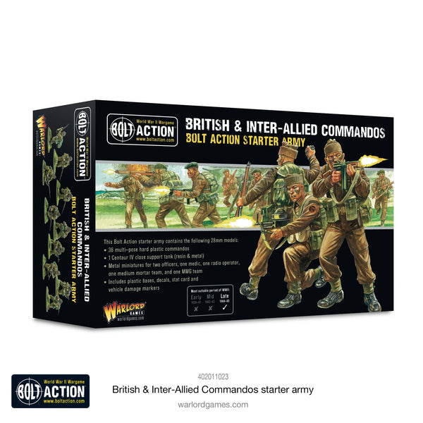 Front view of the British & Inter-Allied Commandos Starter Army box featuring detailed artwork and product information.