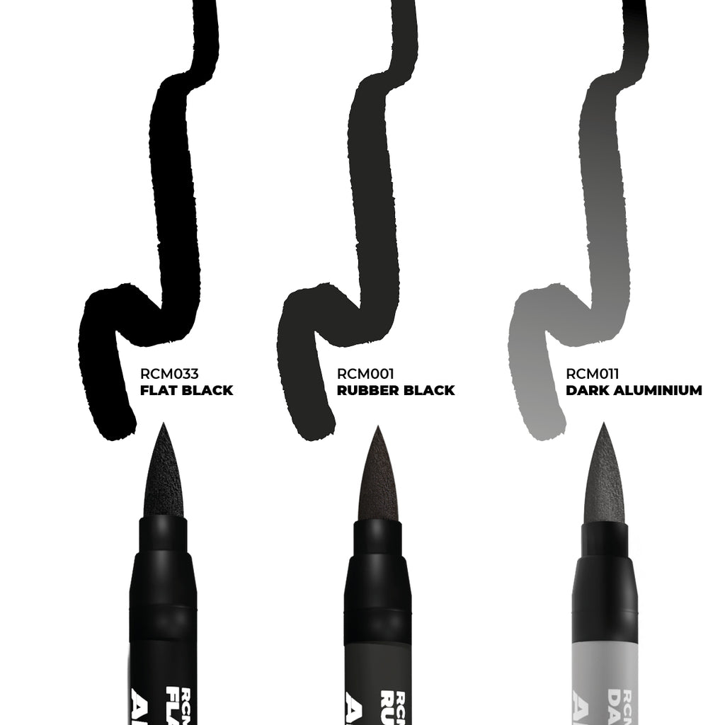 Close-up of the RCM101 Tools Set showing the Gun Metal, Wood Base and Brown markers