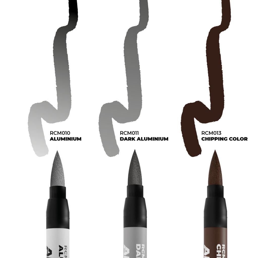 Close-up of three AK Real Colors Chipping acrylic markers: Aluminium, Dark Aluminium and Chipping Color