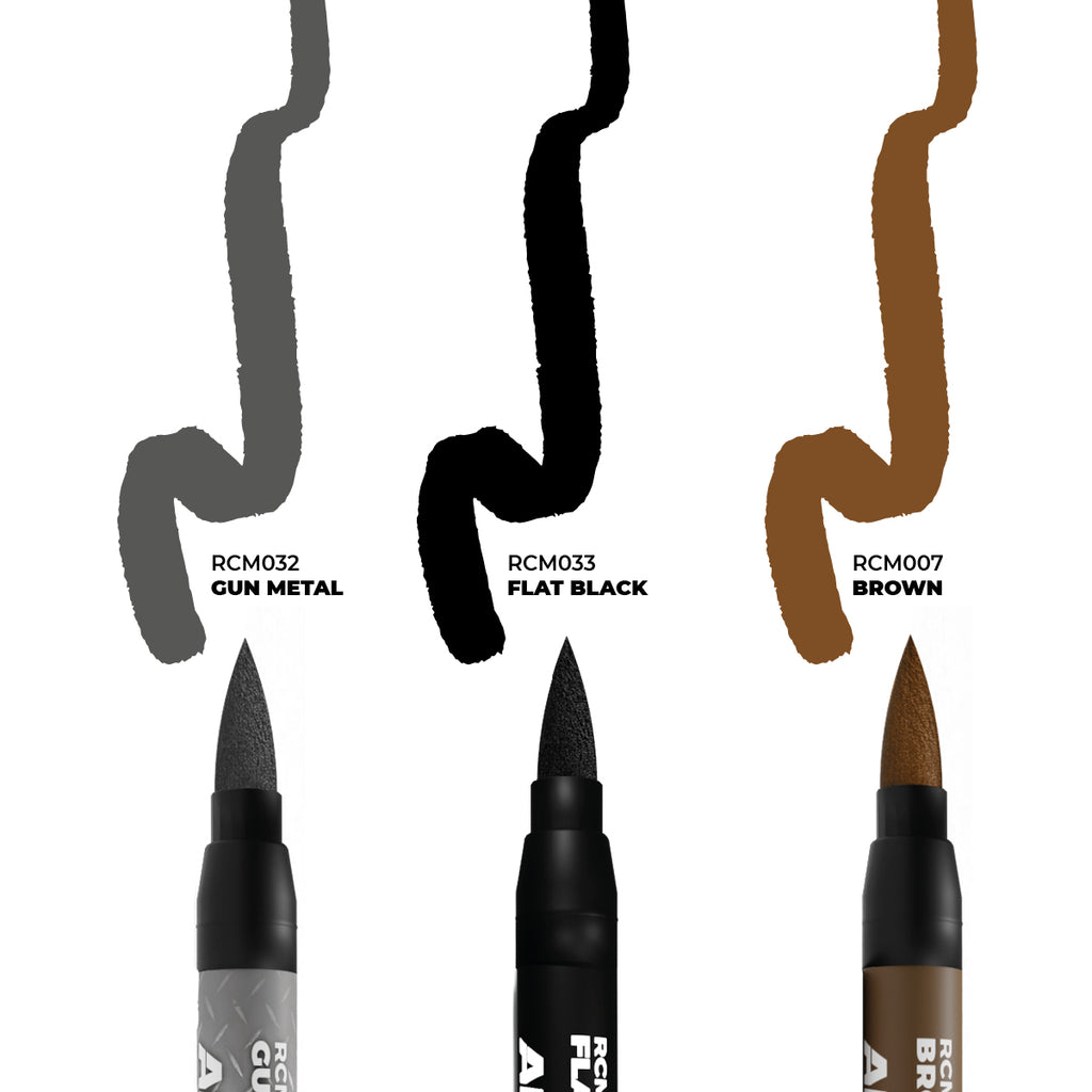 Close-up of the RCM103 Weapons Set showing the Brown, Gun Metal and Flat Black markers