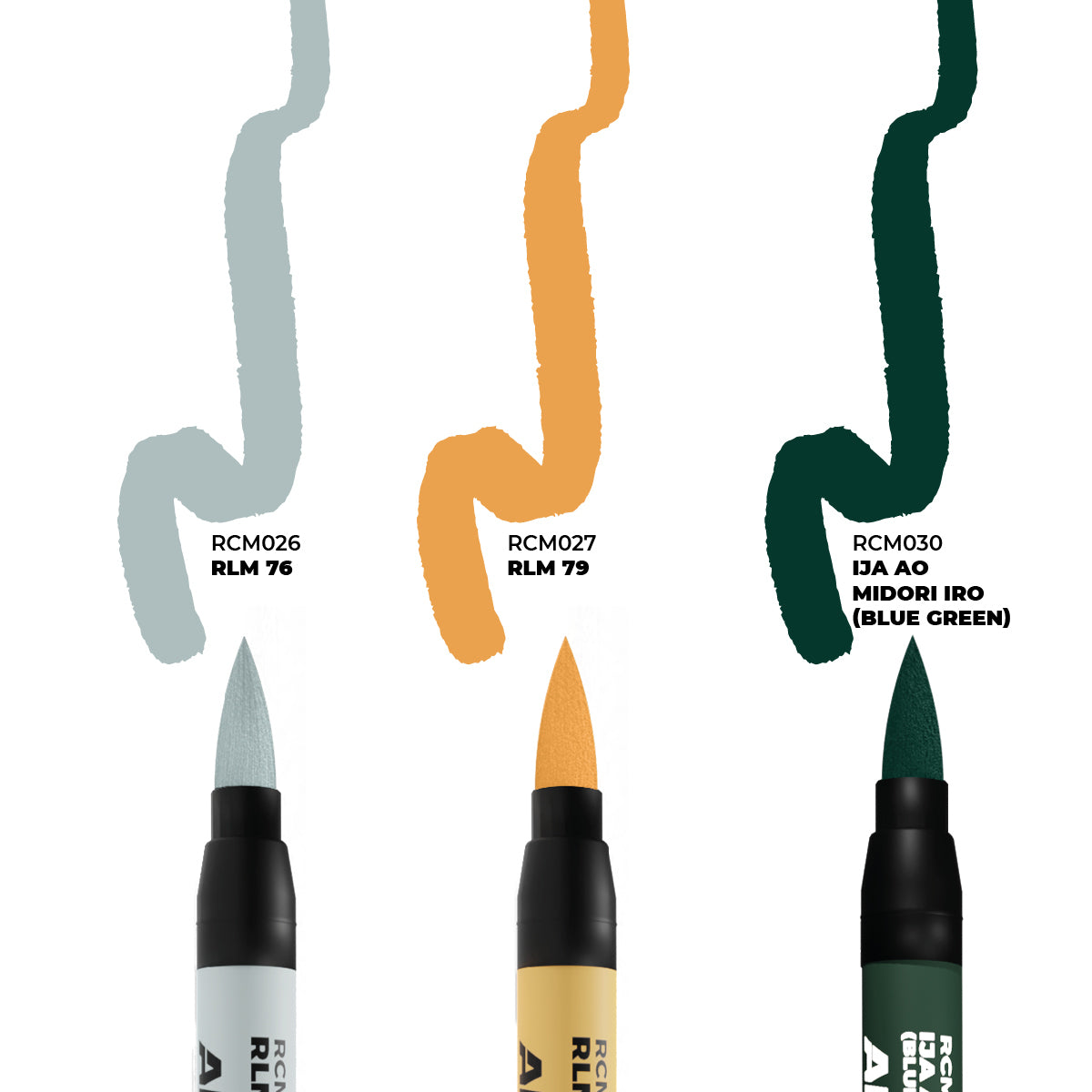 Close-up view of tips from the WWII Axis Aircraft Squiggle Camouflage Colors RC Markers Set, showing precision tips for detailed modeling