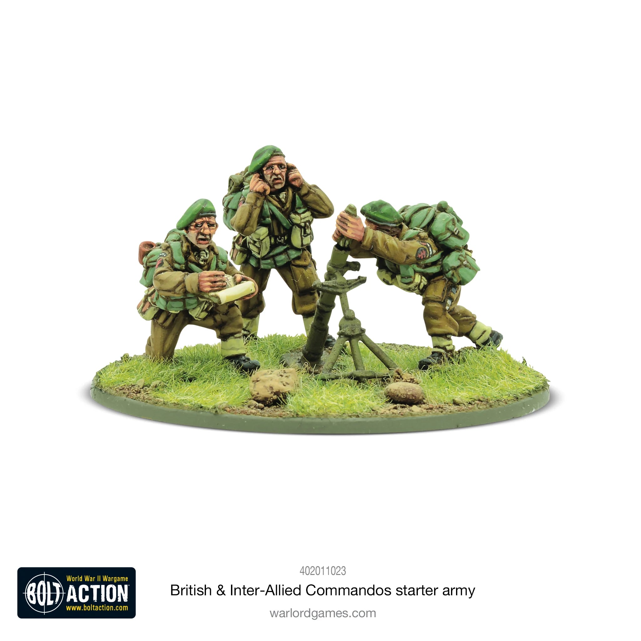 British & Inter-Allied mortar team miniatures in action, preparing to fire for strategic tabletop gameplay.