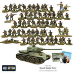 Display of all miniatures and components included in the Bolt Action Soviet Starter Army box, assembled and painted. 