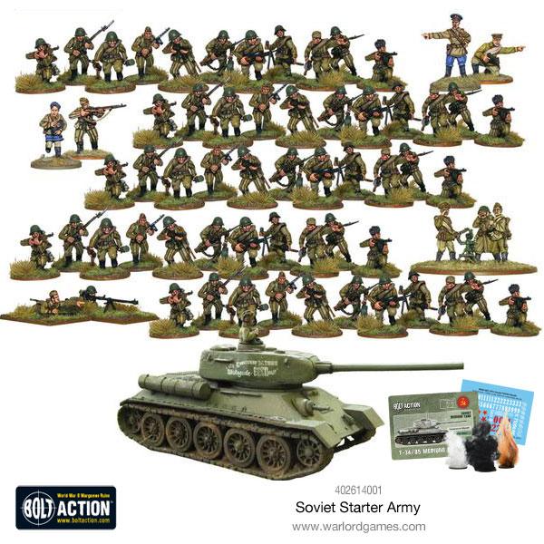 Display of all miniatures and components included in the Bolt Action Soviet Starter Army box, assembled and painted. 