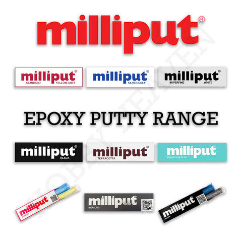 Milliput epoxy putty range – all seven grades from Standard to Metallic