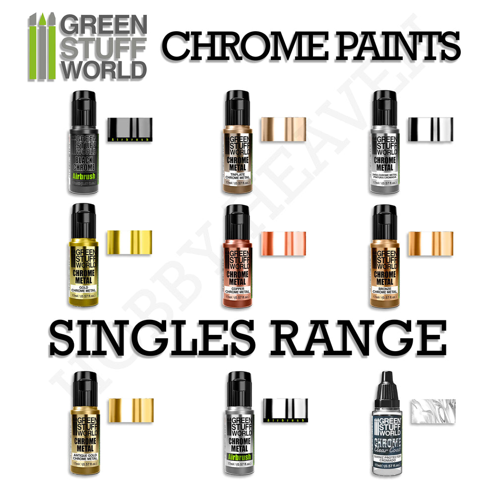 Green Stuff World Chrome Paints 17ml – Mirror Chrome Metallic Colours