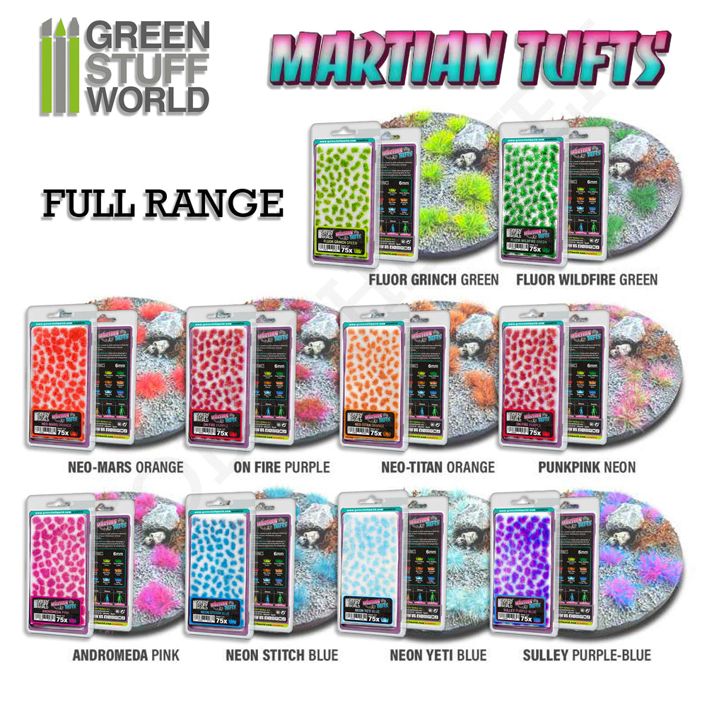 Green Stuff World Martian Fluor Tufts 6 mm – Neon Alien Grass Range (Choose Colour) – 75 Self-Adhesive Tufts