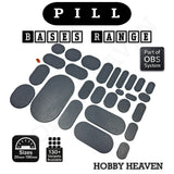 The pill base range laid out together, from the smallest bike-sized base up to the largest display sizes.