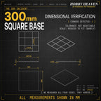 Blueprint-style dimensional drawing of the 300mm square base. Size 297.54mm per side, height 6mm, lip 2.03mm. Notes: Corners Detected 4, Tolerance Not Negotiable, Scale Reduced To Fit (Barely). Revision history shows Rev A (250) Destroyed, Rev B (275) Unaccounted For, Rev C (300) Approved.