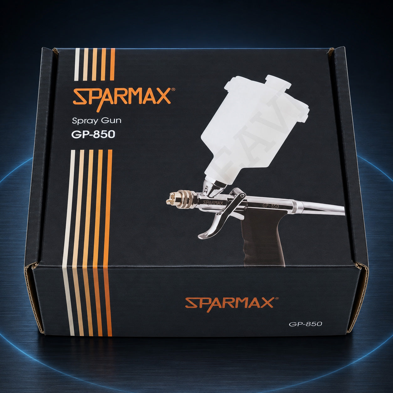 Sparmax GP-850 retail box lettered Spray Gun, printed with the gun and its fan air cap and cup fitted