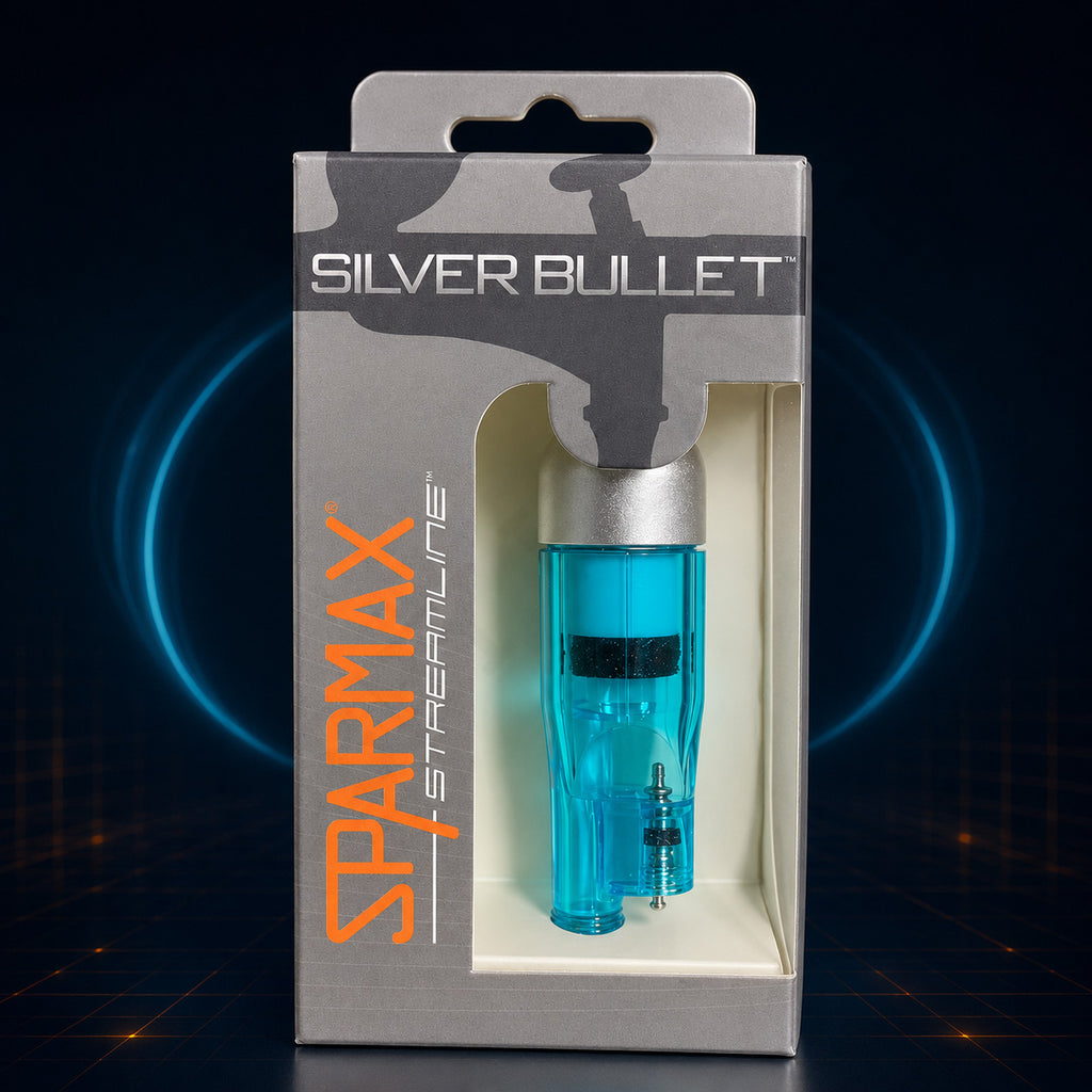 Sparmax Silver Bullet moisture trap in its hang-tab retail pack, the blue body and filter visible in the window