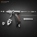 Exploded view of the Neo TRN1: nozzle cap, nozzle, needle, spring, both fluid cups, grip and pre-set handle
