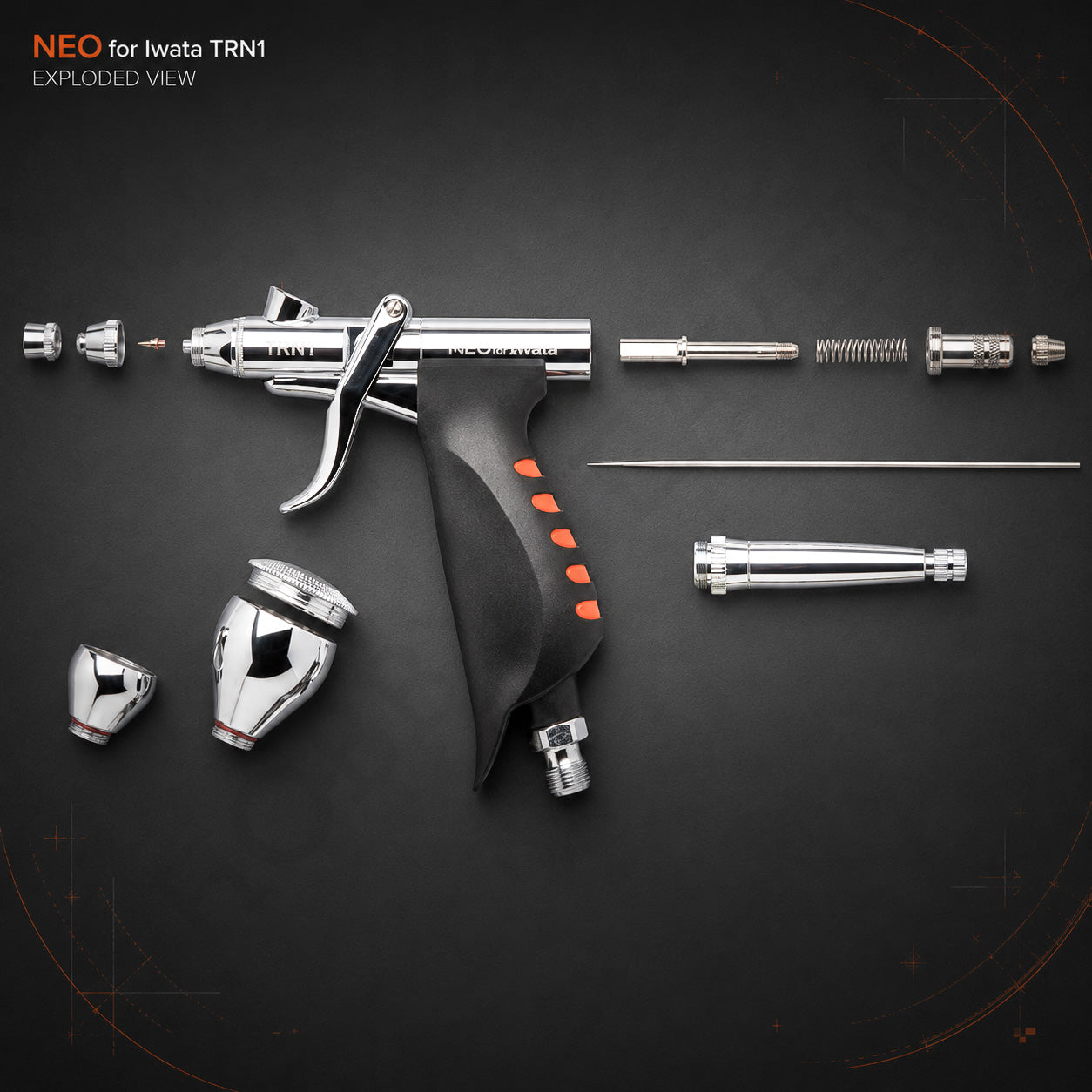 Exploded view of the Neo TRN1: nozzle cap, nozzle, needle, spring, both fluid cups, grip and pre-set handle
