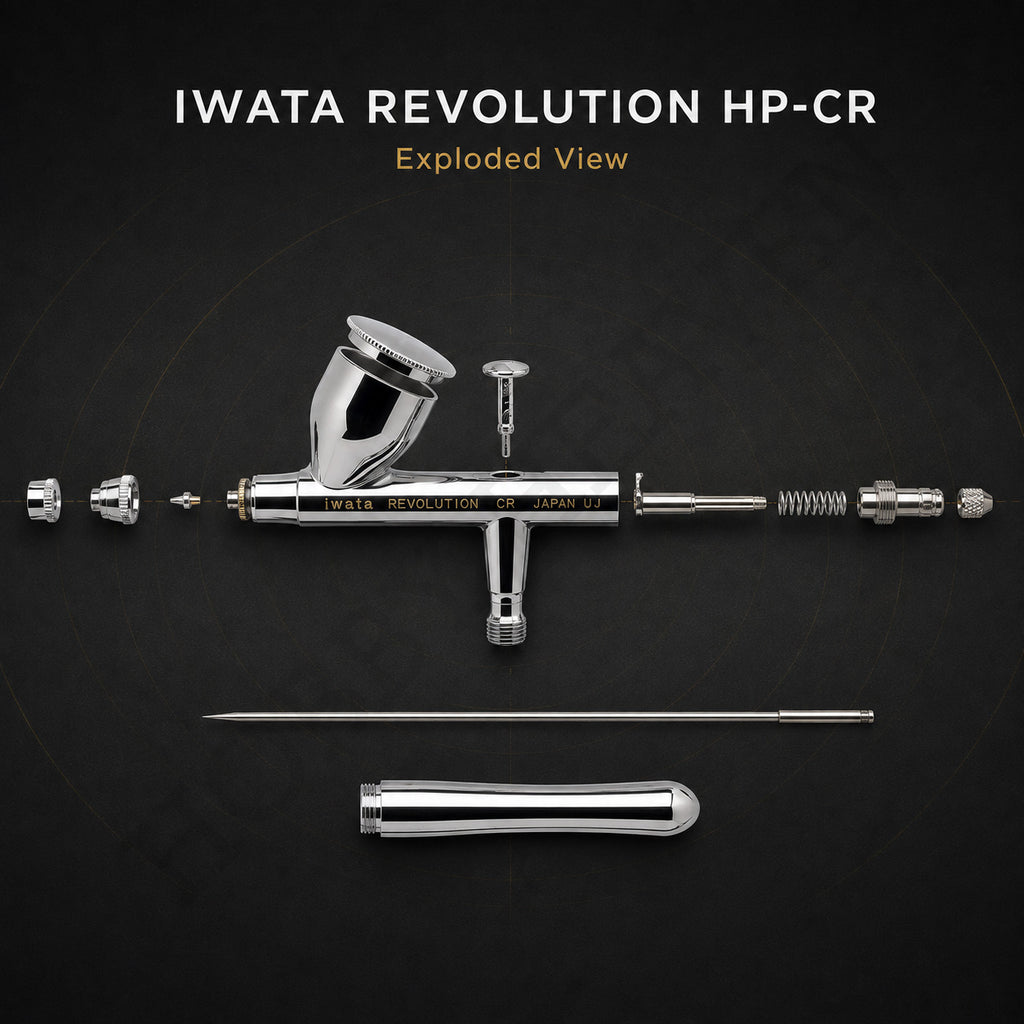 Exploded view of the Revolution CR: nozzle cap, nozzle, cup, needle, spring, comfort handle and trigger