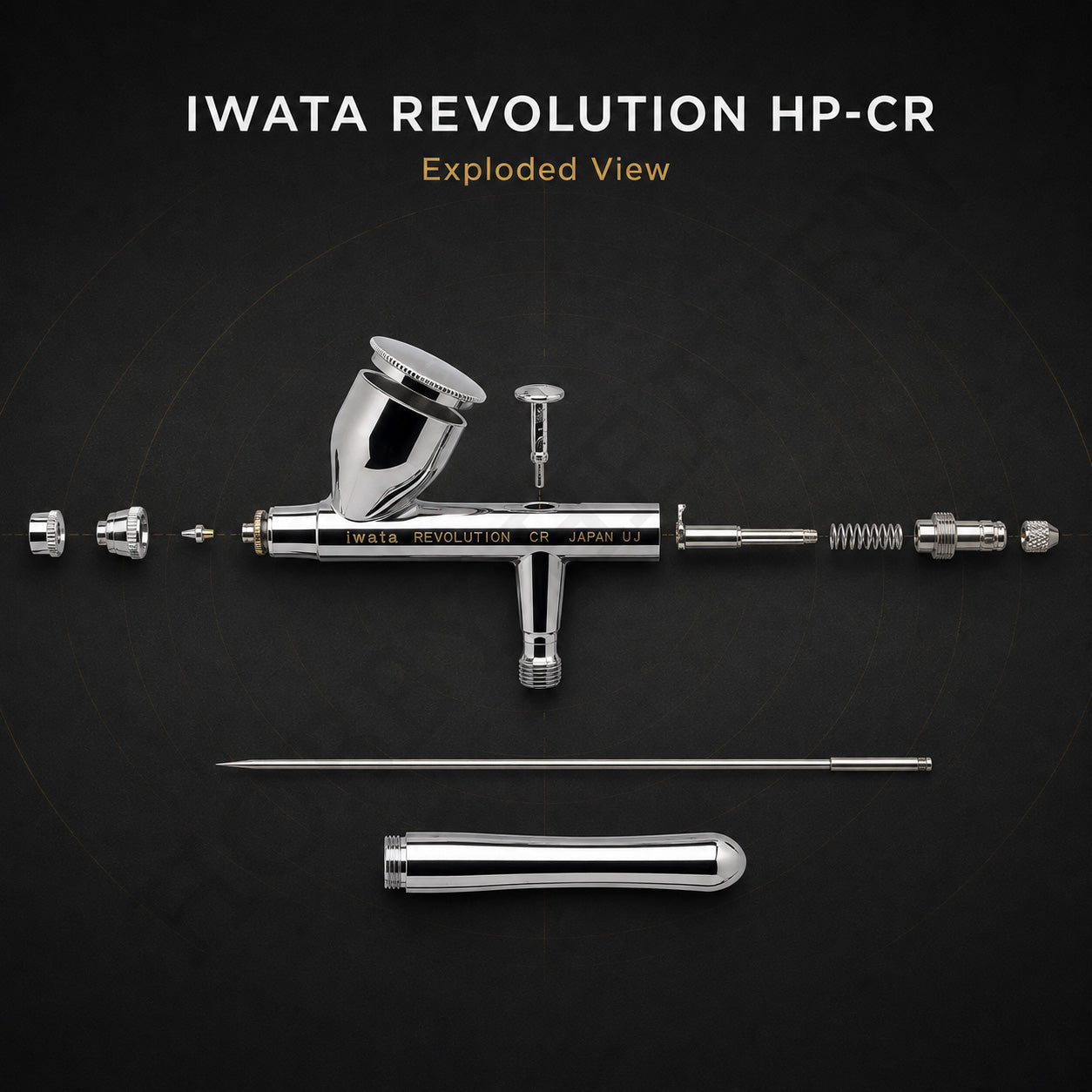Exploded view of the Revolution CR: nozzle cap, nozzle, cup, needle, spring, comfort handle and trigger