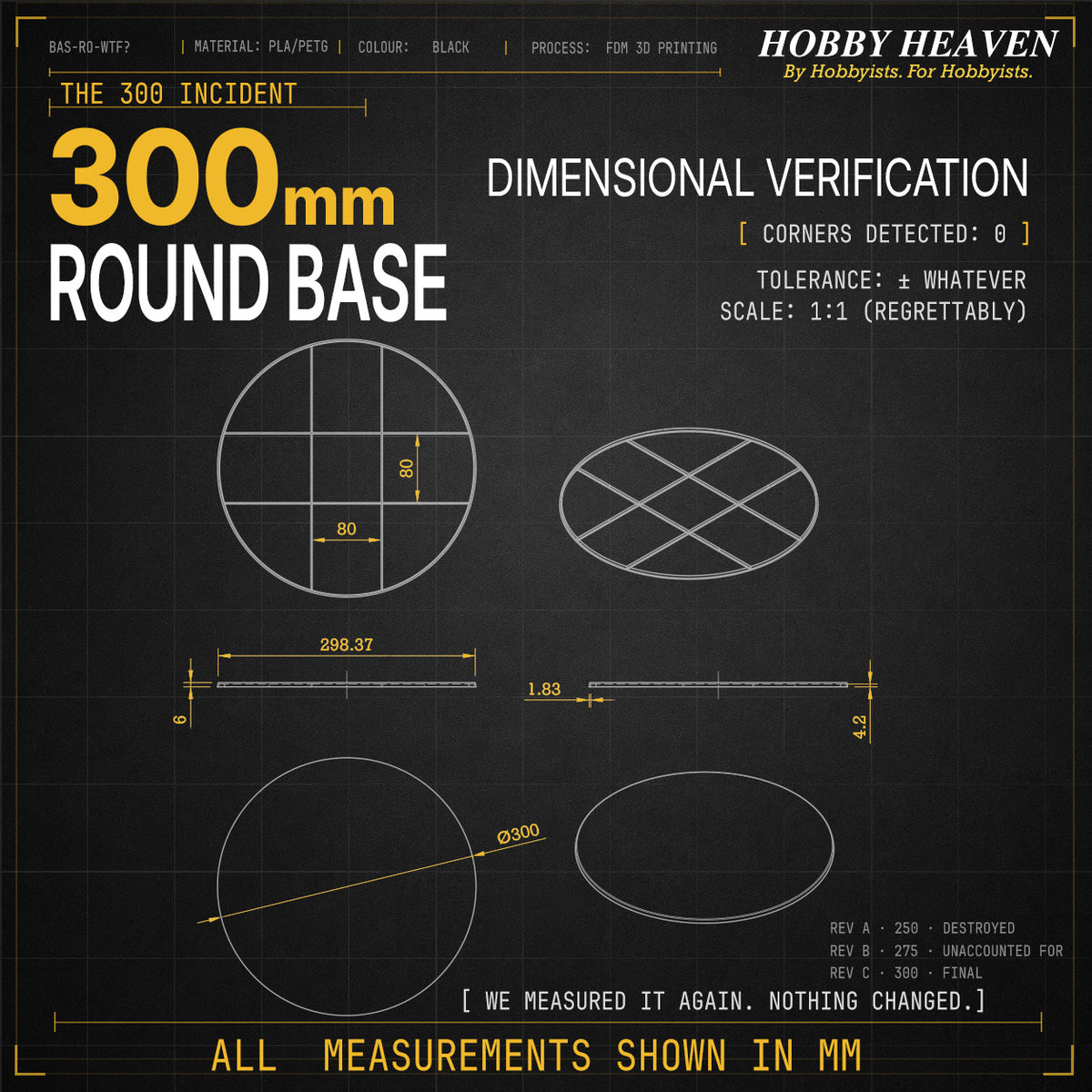 Blueprint-style dimensional drawing of the 300mm round base. Diameter 298.37mm, height 6mm, lip 1.83mm. Notes: Corners Detected 0, Tolerance +/- whatever, Scale 1:1 (regrettably). Revision history shows Rev A (250) Destroyed, Rev B (275) Unaccounted For, Rev C (300) Final.