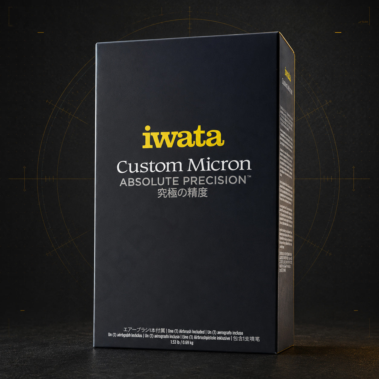 Iwata Custom Micron outer box in black and gold, lettered Absolute Precision in English and Japanese