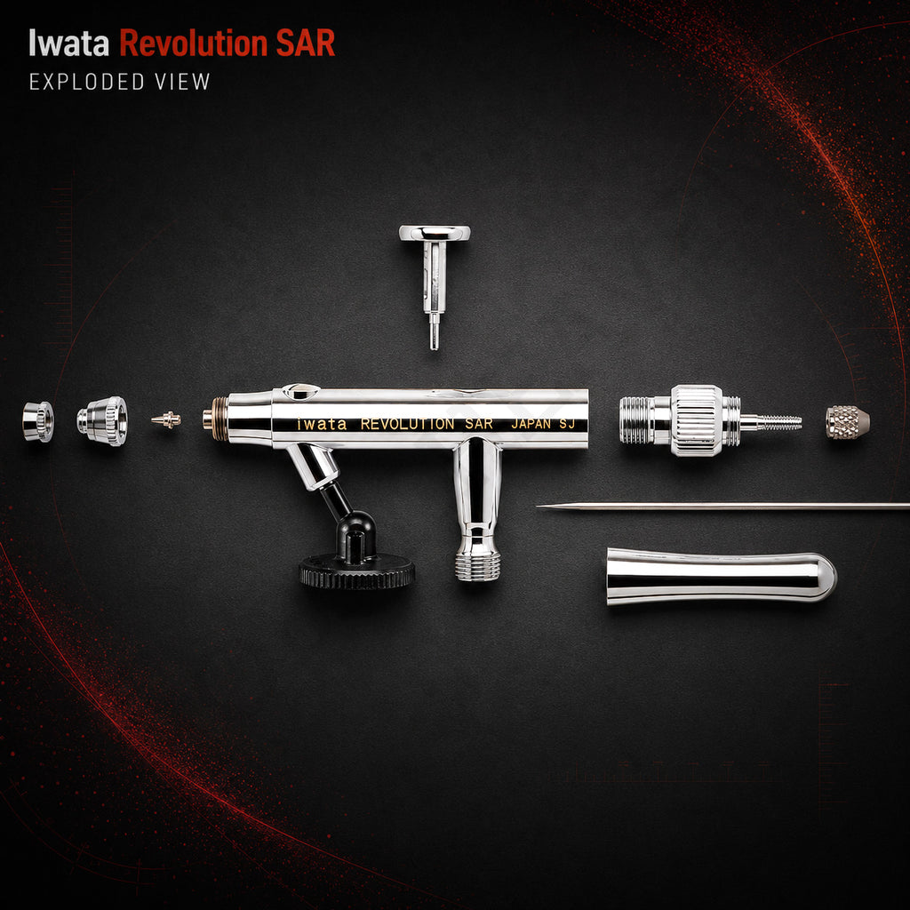 Exploded view of the Revolution SAR: nozzle cap, nozzle, body, needle, spring, comfort handle and bottle adaptor