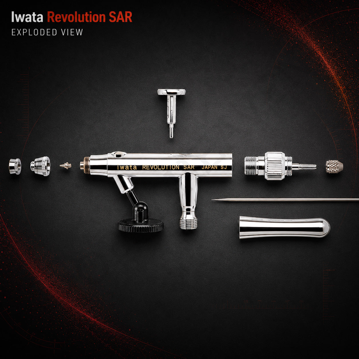 Exploded view of the Revolution SAR: nozzle cap, nozzle, body, needle, spring, comfort handle and bottle adaptor