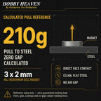 Infographic - calculated pull reference of 210 g for a 3 x 2 mm N42 disc magnet on clean flat steel with zero gap