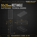 Technical drawing of the 50x25mm rectangle slotted base, footprint, height and slot sizes in mm