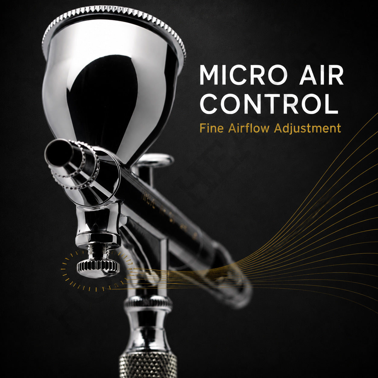 Close-up of the Hi-Line HP-CH Micro Air Control valve knob under the gravity cup, airflow shown as fine gold lines