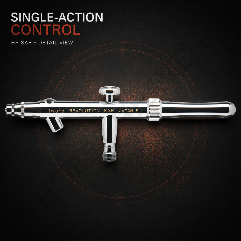 Close-up of the Revolution SAR single-action trigger and knurled needle-chucking nut, shown without the bottle