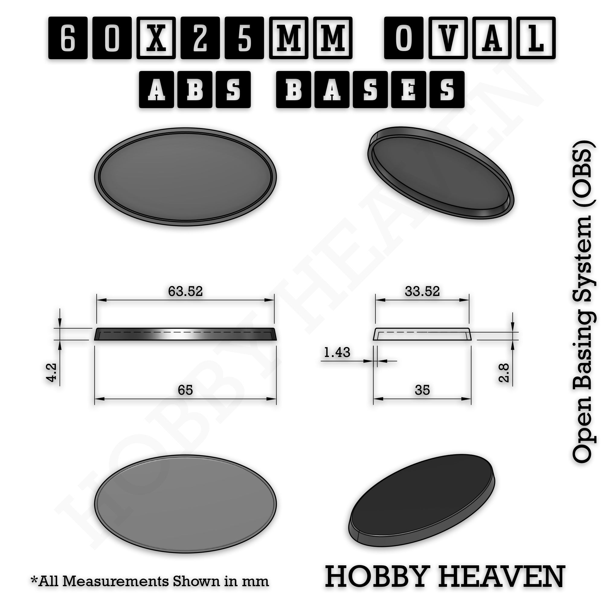 Technical drawing of the oval plain base: plan view, two section views and isometric views