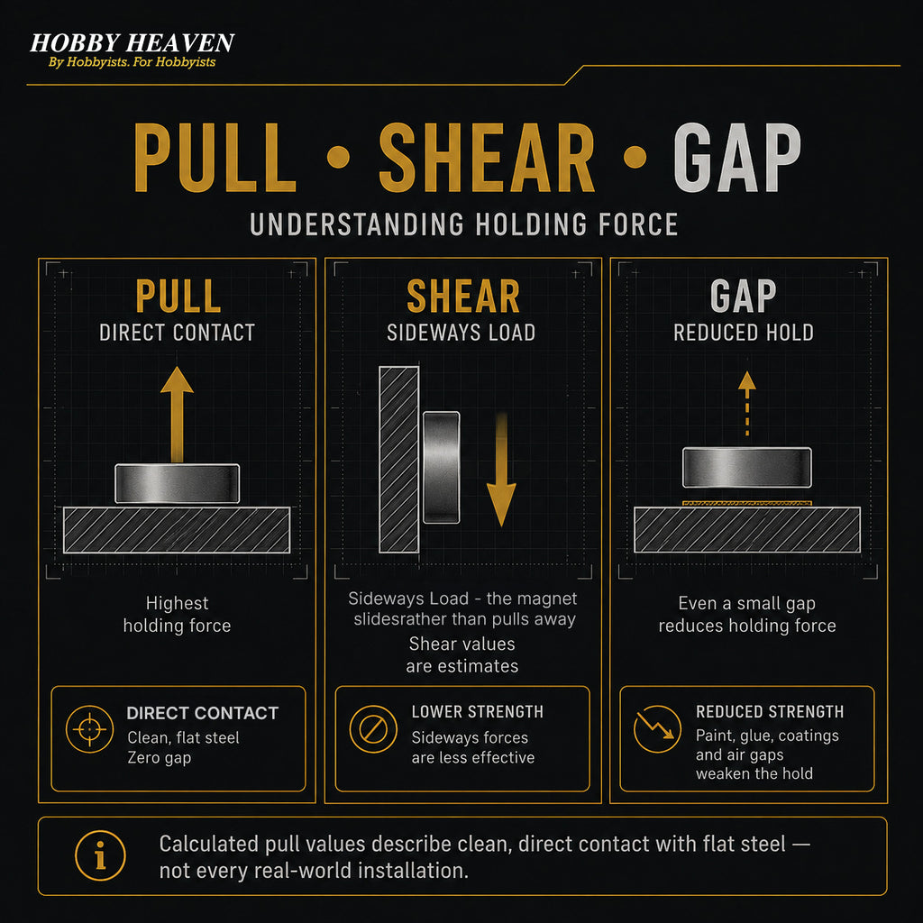 Infographic explaining magnet holding force: full pull at direct contact, weaker shear under sideways load, reduced hold across a gap