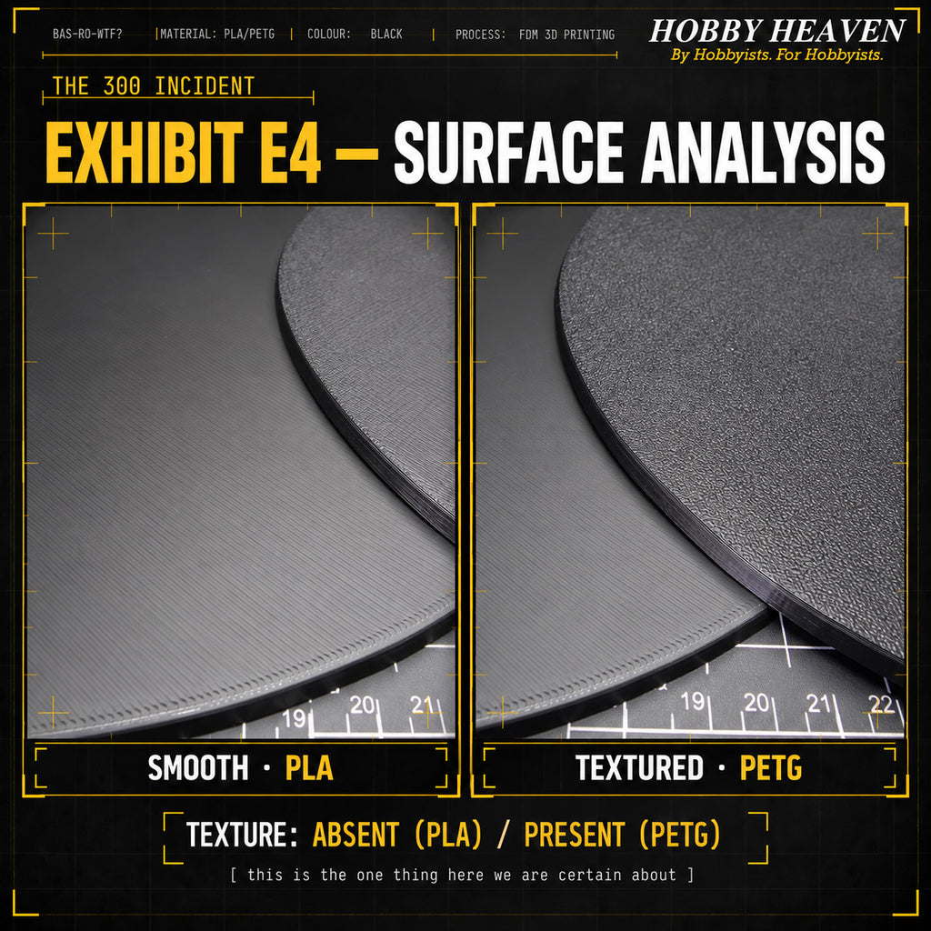 Surface comparison exhibit: left shows Smooth PLA finish with visible FDM layer lines, right shows Textured PETG with fine stippled surface texture. Caption: this is the one thing here we are certain about.