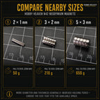Size chart comparing 2 x 1 mm, 3 x 2 mm and 5 x 3 mm disc magnets on a cutting mat with calculated zero-gap pull of 50 g, 210 g and 650 g