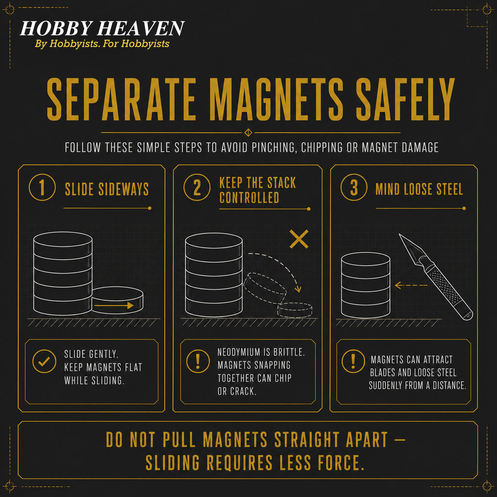 Infographic - separating small disc magnets safely: slide sideways, keep the stack controlled, mind loose steel and blades
