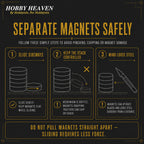 Infographic - separating small disc magnets safely: slide sideways, keep the stack controlled, mind loose steel and blades
