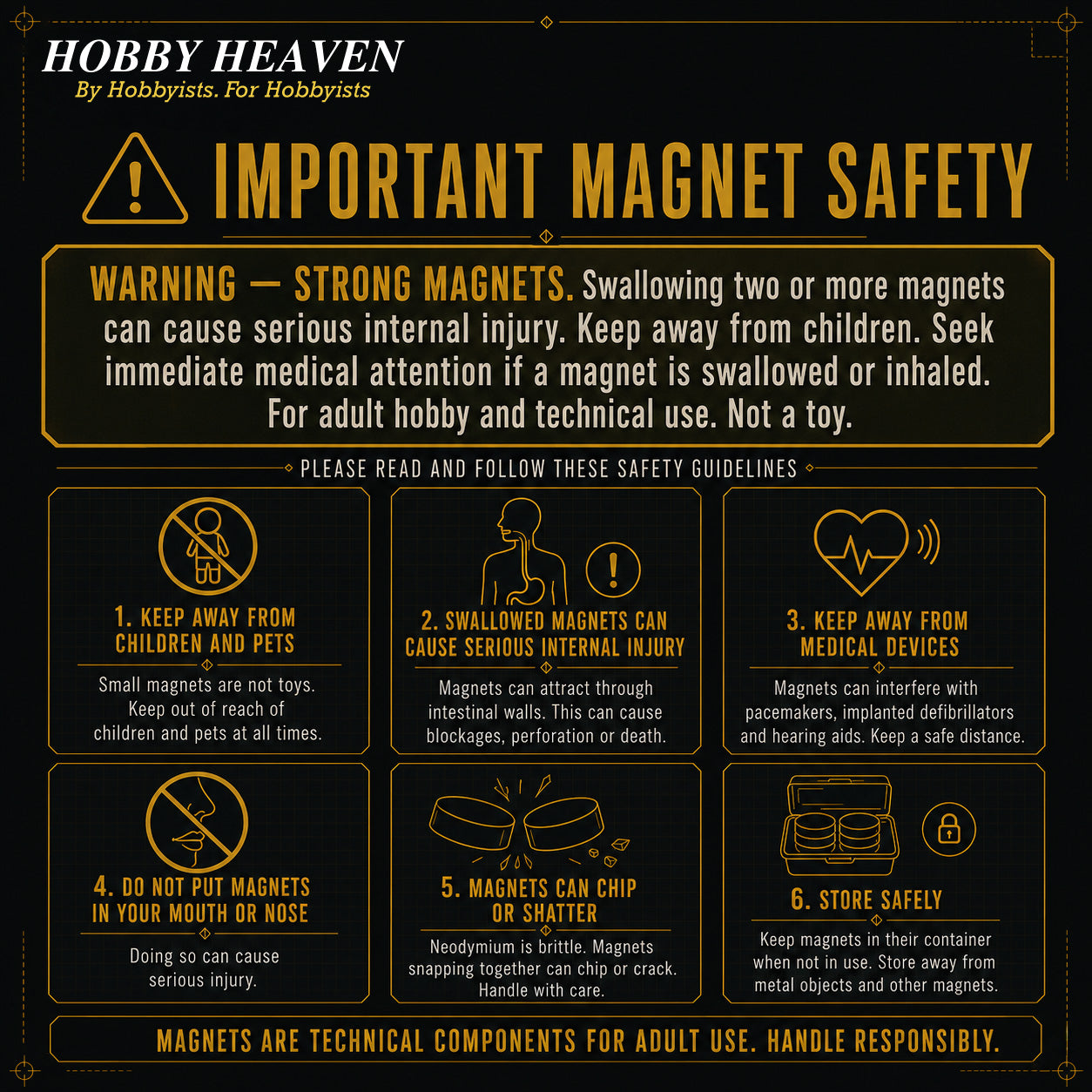 Magnet safety warning panel: swallowing two or more magnets can cause serious internal injury; keep away from children and medical devices, handle and store with care