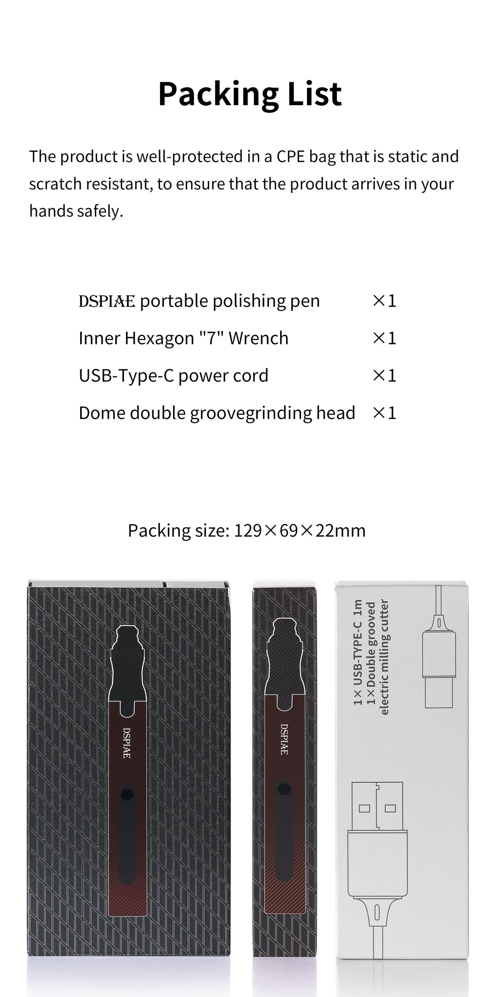 DSPIAE Packing List for the ES-P: pen, hex wrench, USB-C power cord and a dome double-groove grinding head